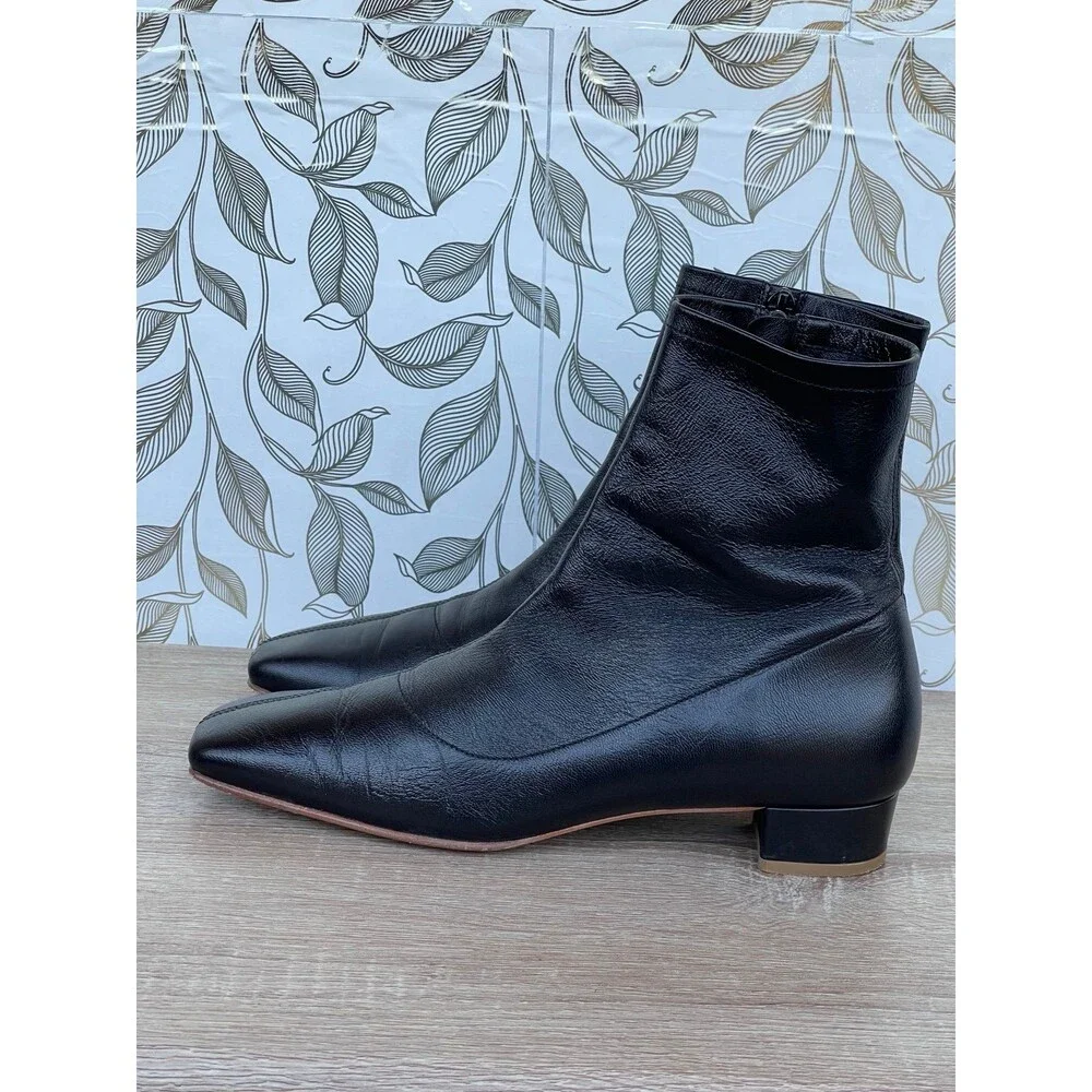BY FAR Black Leather Boots 39 Minimalist Low Heel Square Toe Zip Ankle Boot